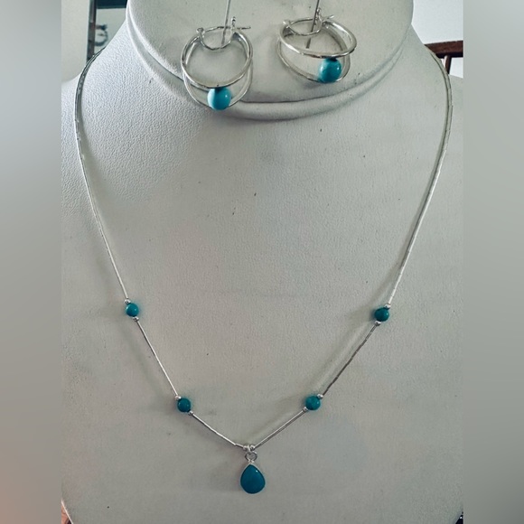 Mojave Turquoise Beaded Liquid Silver Necklace & perfectly matching Earrings NWT - Picture 1 of 14